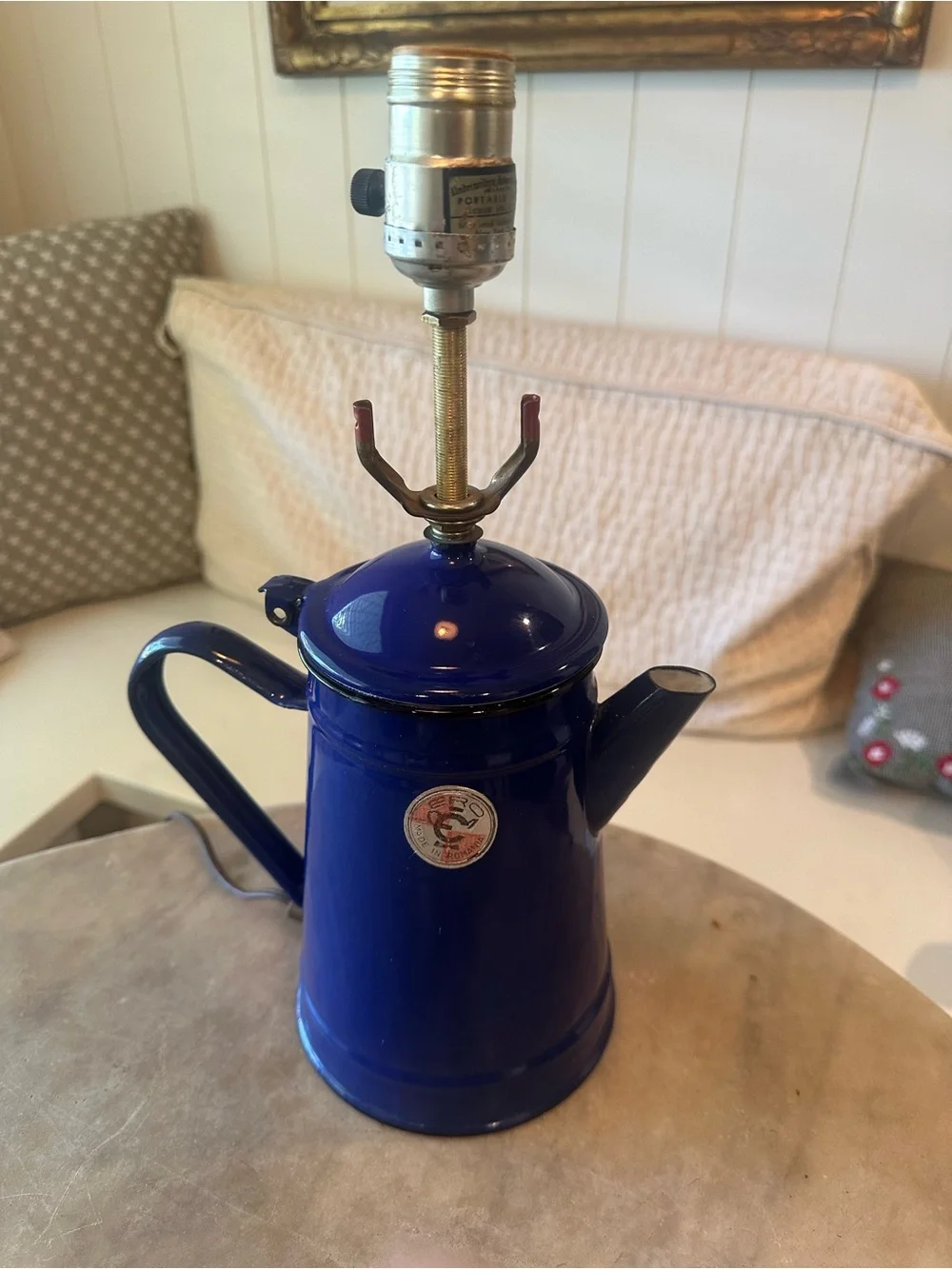 Vintage Lamp- Blue Enamel Coffee Pot